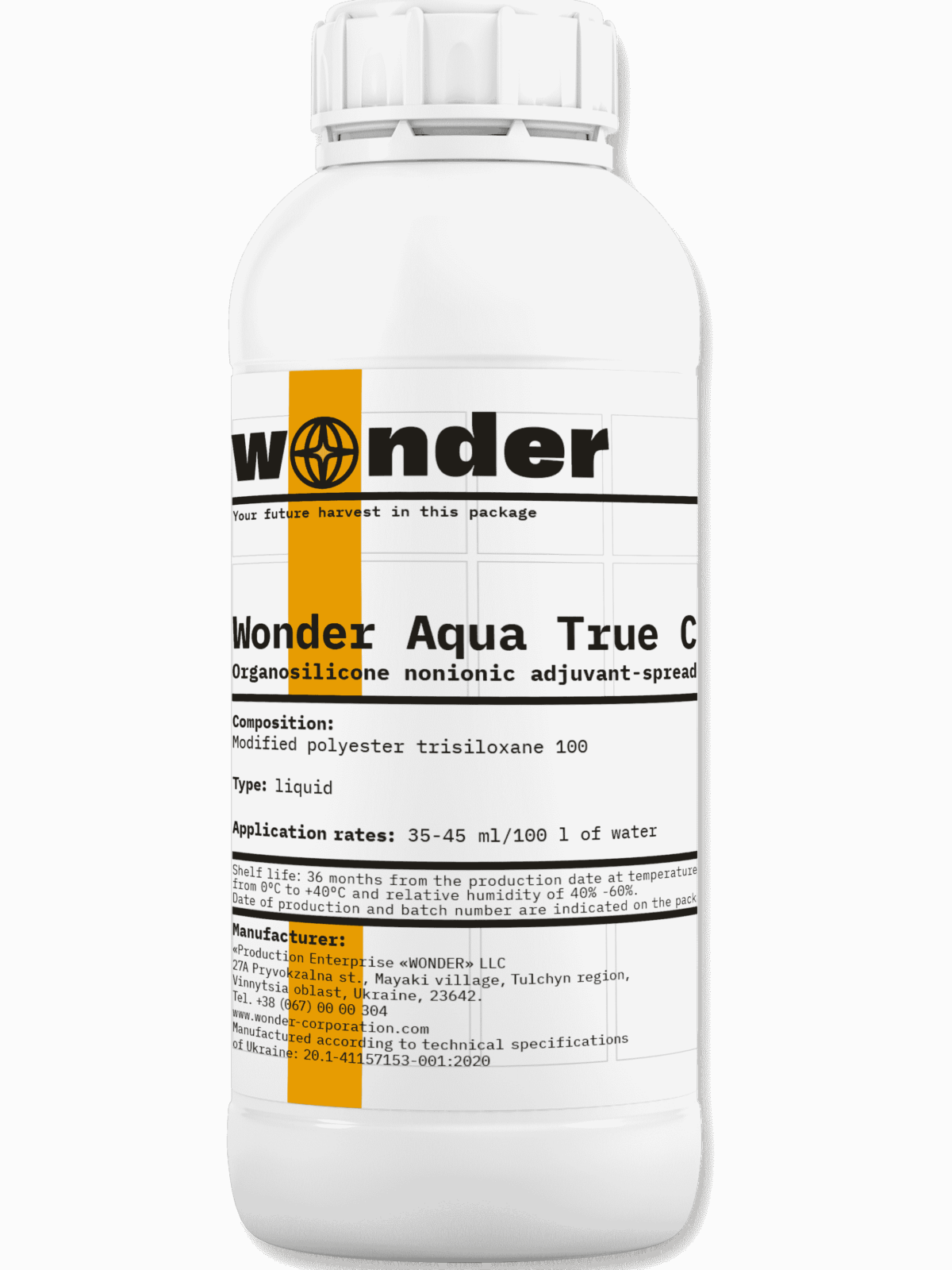 Bote blanco (1 litro) con elementos de color naranja claro con adyuvante Wonder Aqua True Cover