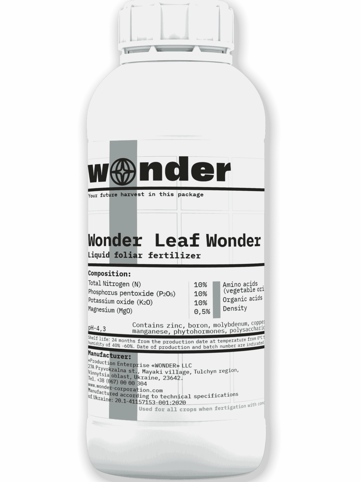 Bote blanco (1 litro) con elementos grises con abono Wonder Leaf Wonder Macro