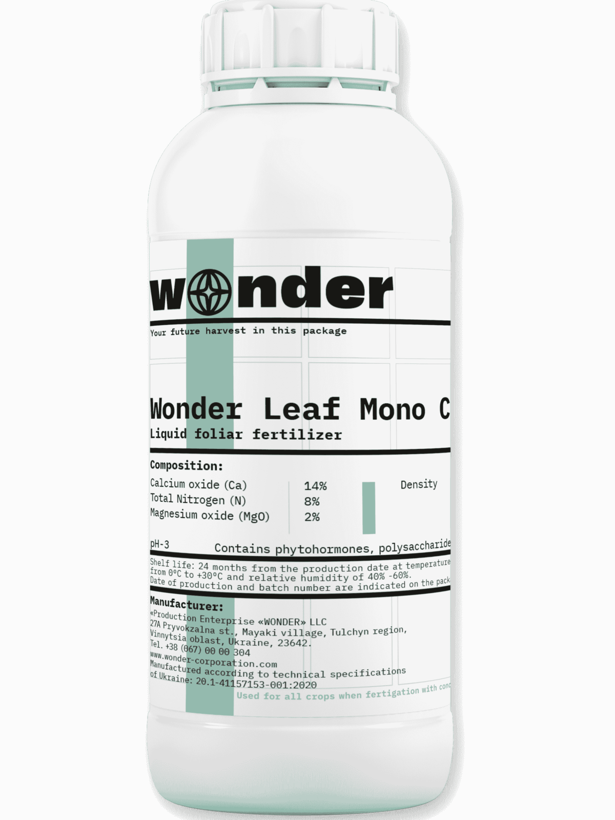 Bidon blanc (1 l) avec des éléments vert pâle avec l'engrais Wonder Leaf Mono Ca 14