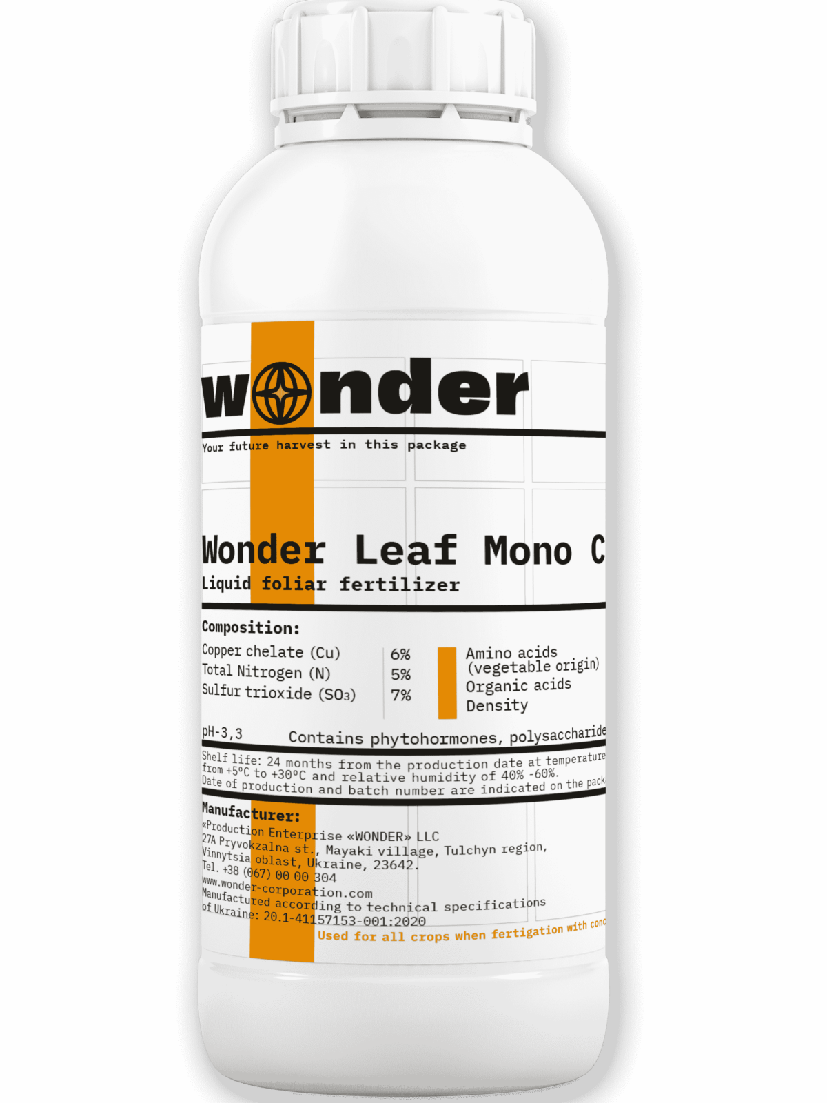 White canister (1 liter) with orange elements with Wonder Leaf Mono Cu 6 fertilizer