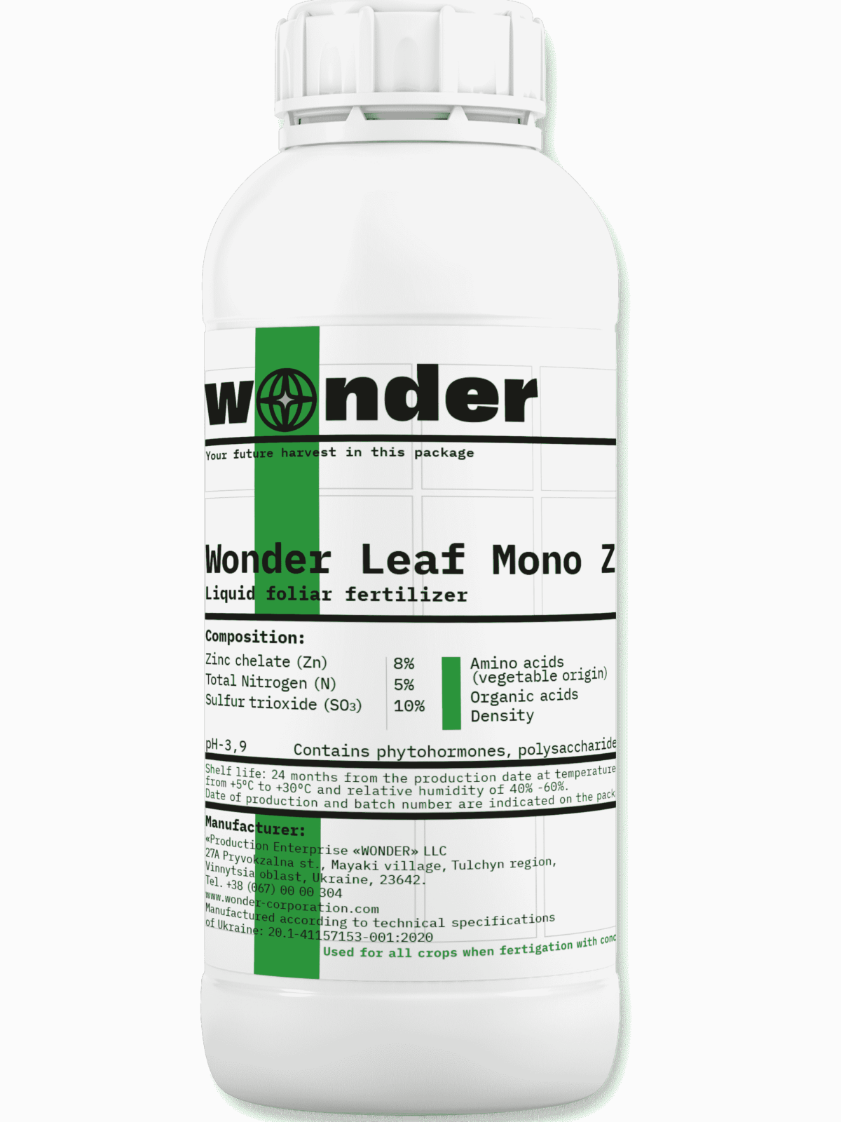Bidon blanc (1 litre) avec des éléments vert vif avec l'engrais Wonder Leaf Mono Zn 8
