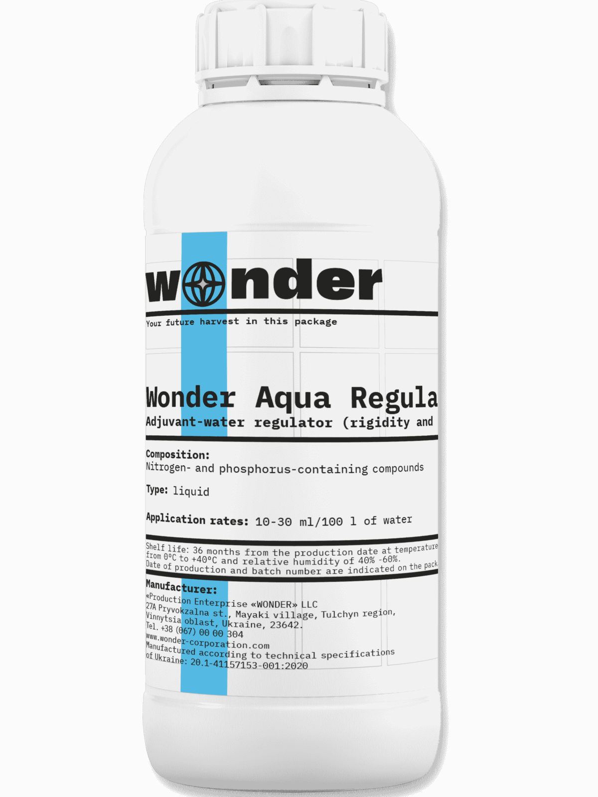 Bote blanco (1 l) con elementos azules con adyuvante Wonder Aqua Regular pH