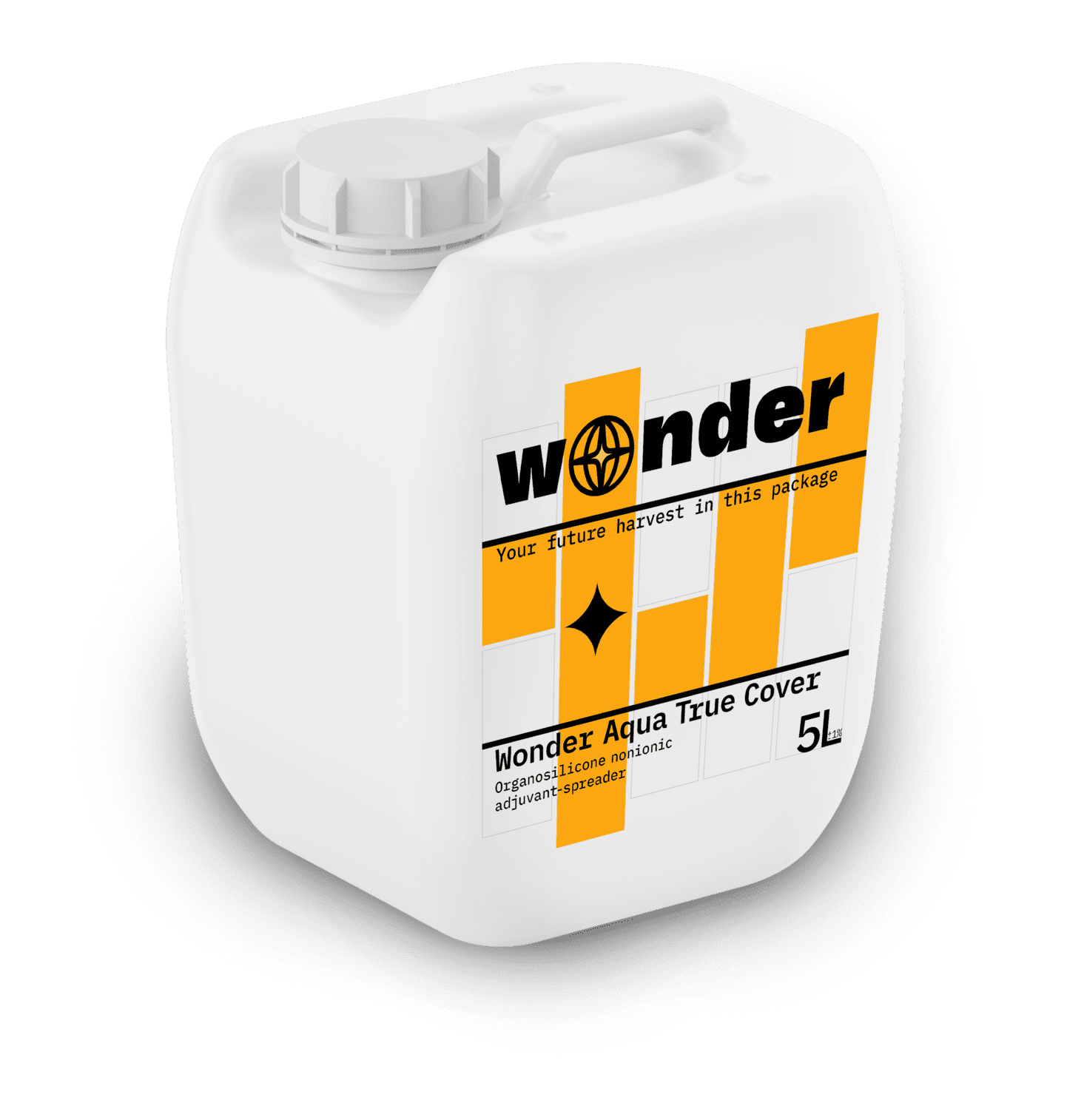 Se muestra un bote blanco con elementos naranjas con adyuvante Wonder Aqua True Cover