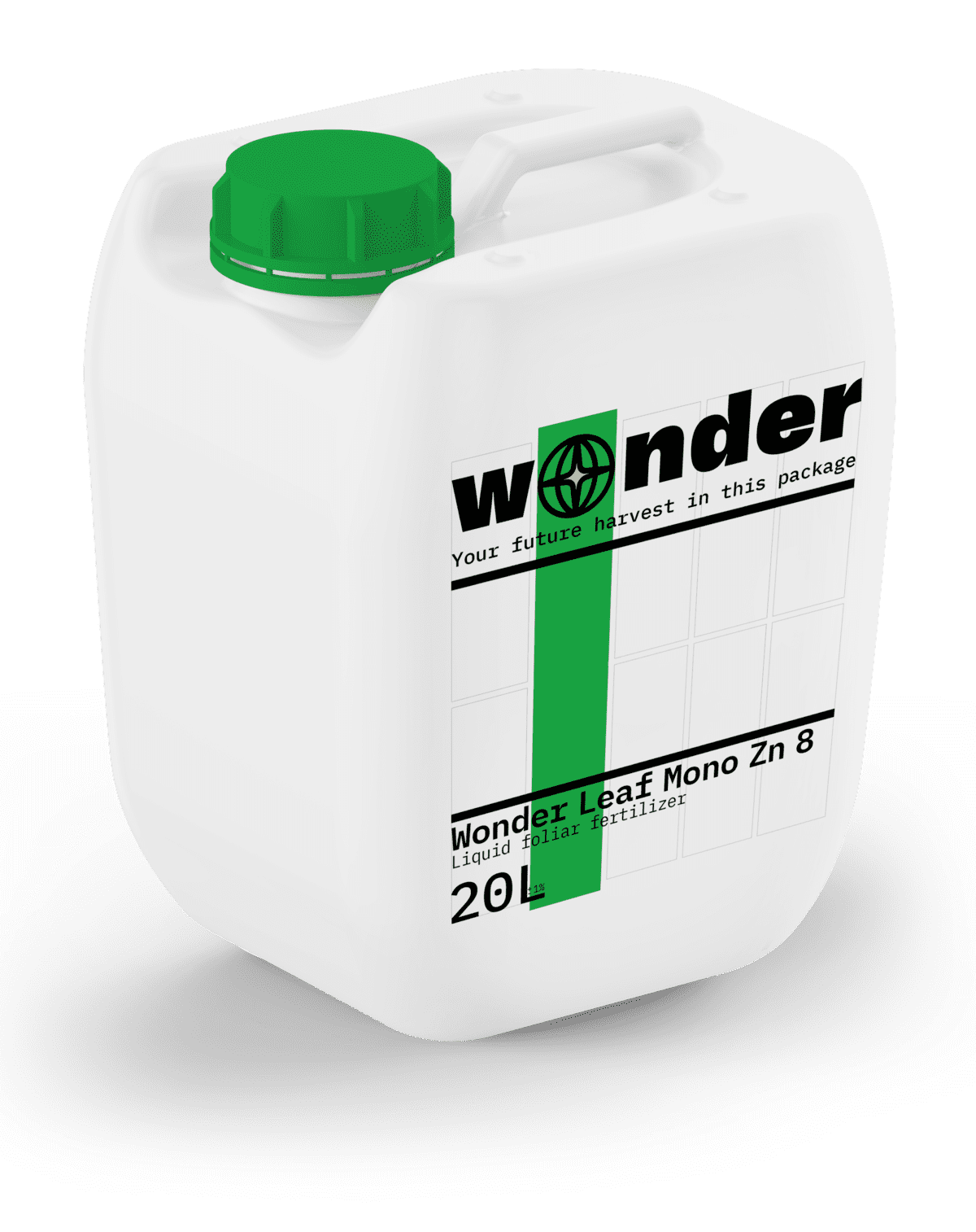 Bidon blanc avec des éléments verts avec l'engrais Wonder Leaf Mono Zn 8