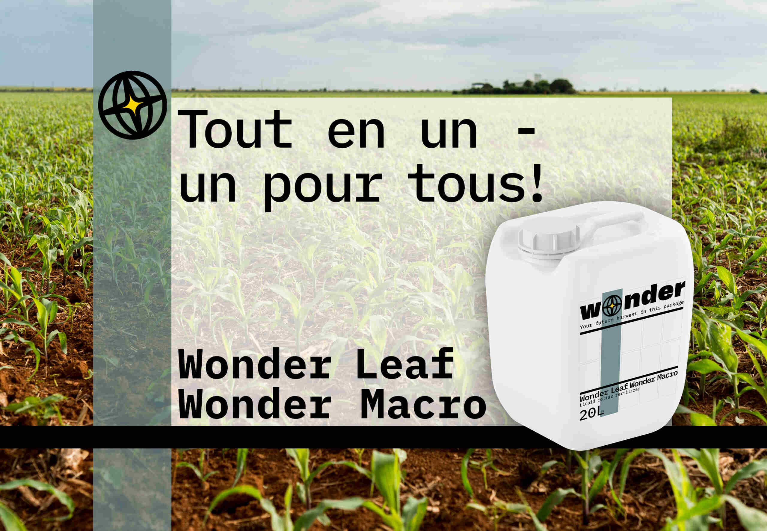 White canister with gray elements with Wonder Leaf Wonder Macro fertilizer. Text - Tout en un - un pour tous!