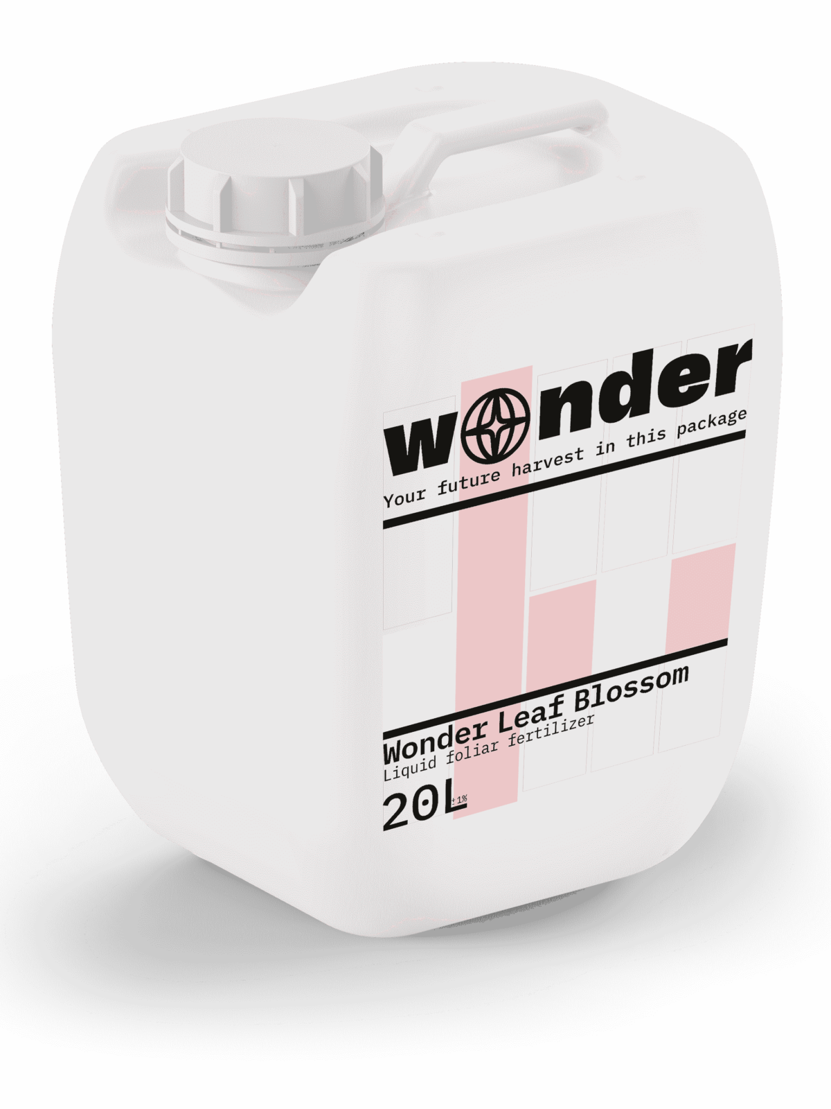 Pot blanc avec éléments roses contenant de l'engrais liquide Wonder Leaf Blossom