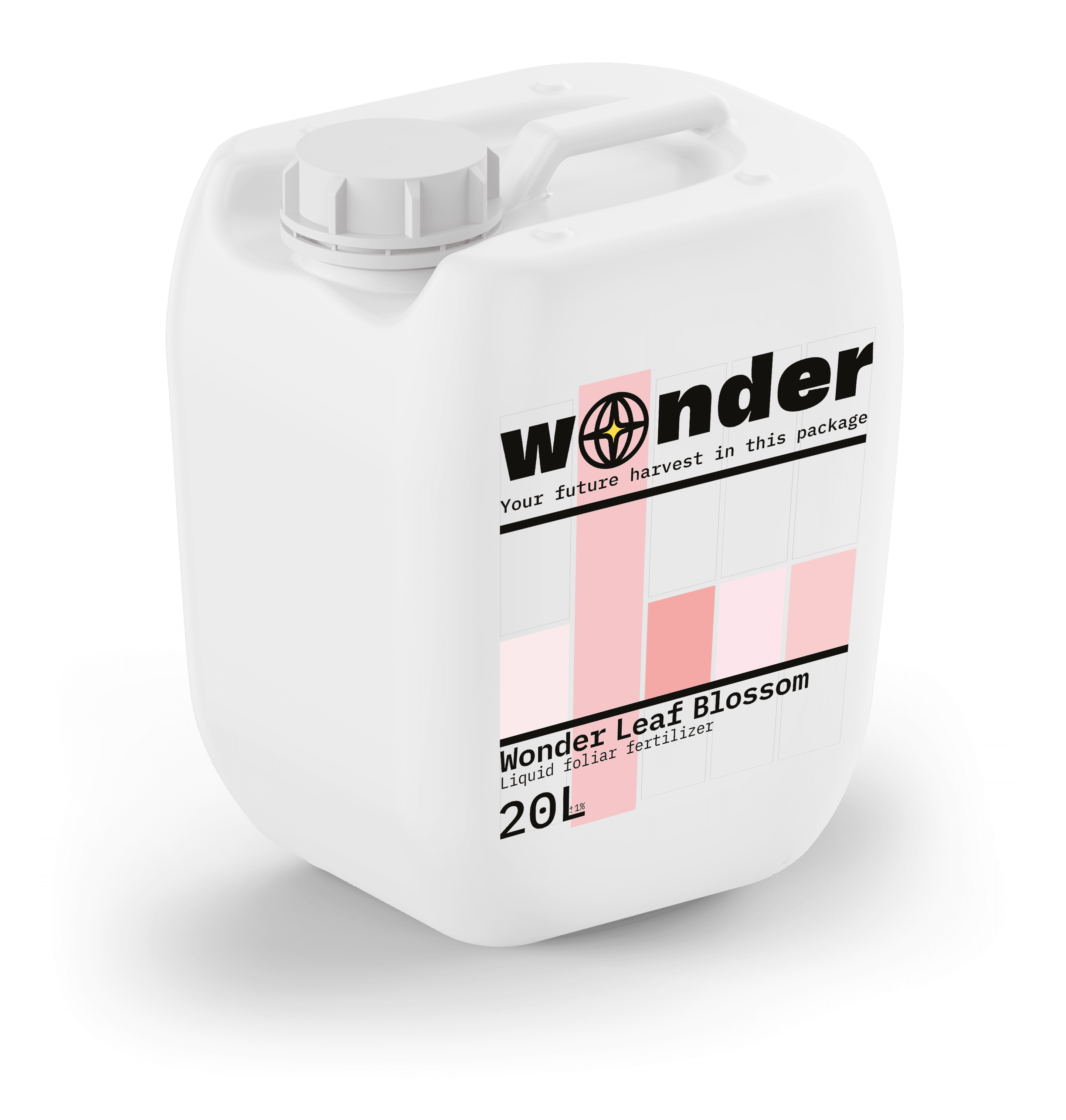 White canister with pink elements with liquid fertilizer Wonder Leaf Blossom