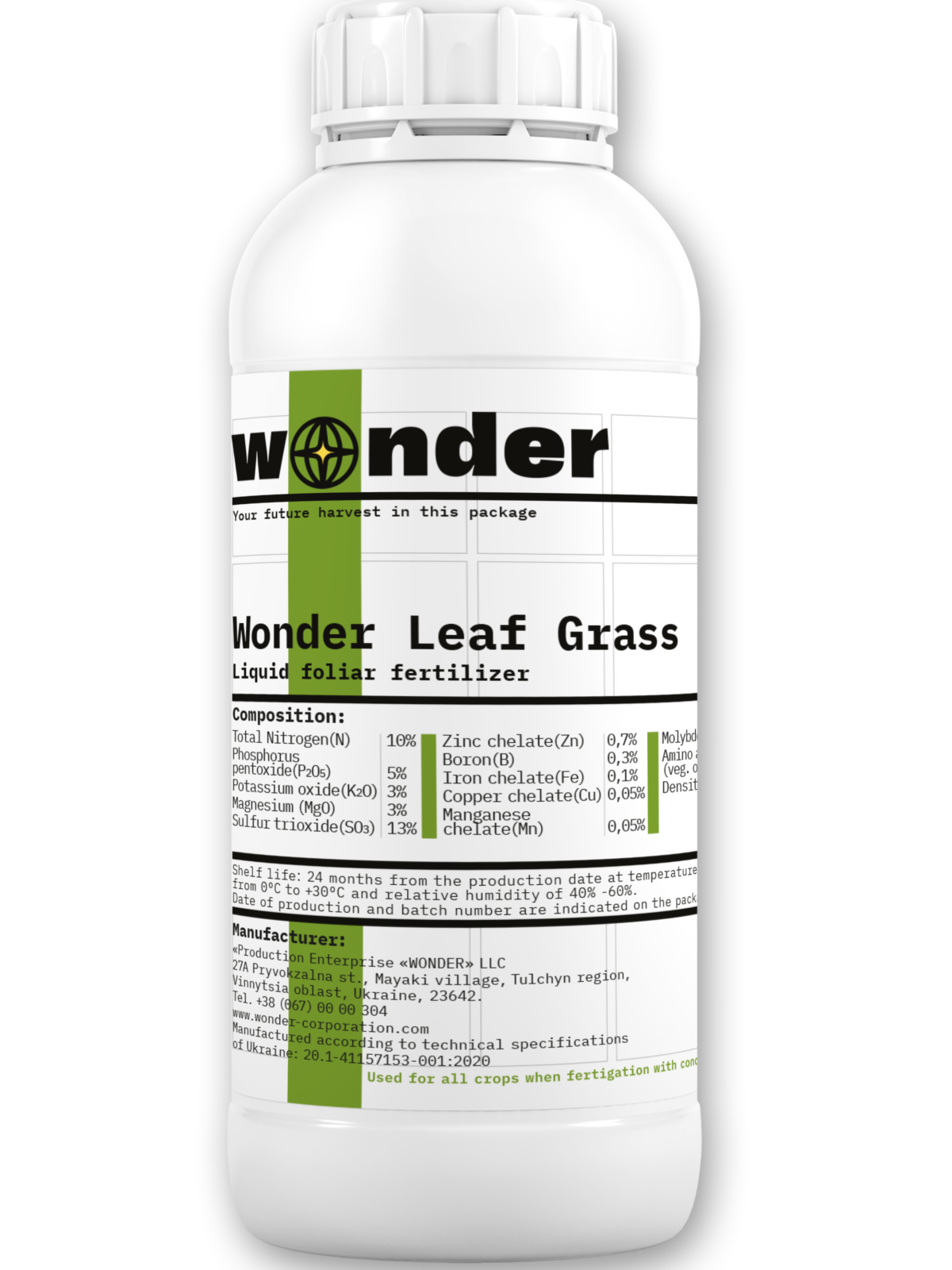 Bote blanco (1 litro) con elementos de color verde brillante con abono Wonder Leaf Grass