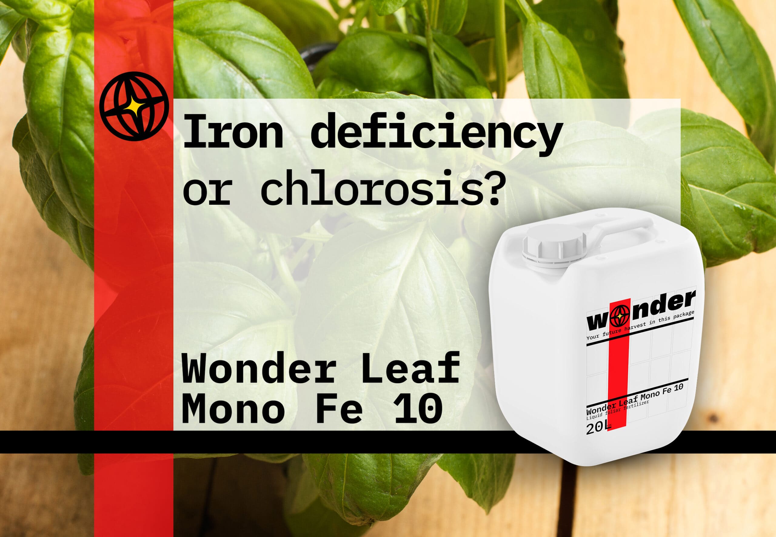 A canister of Wonder Leaf Mono Fe 10 fertilizer against a background of leaves.
