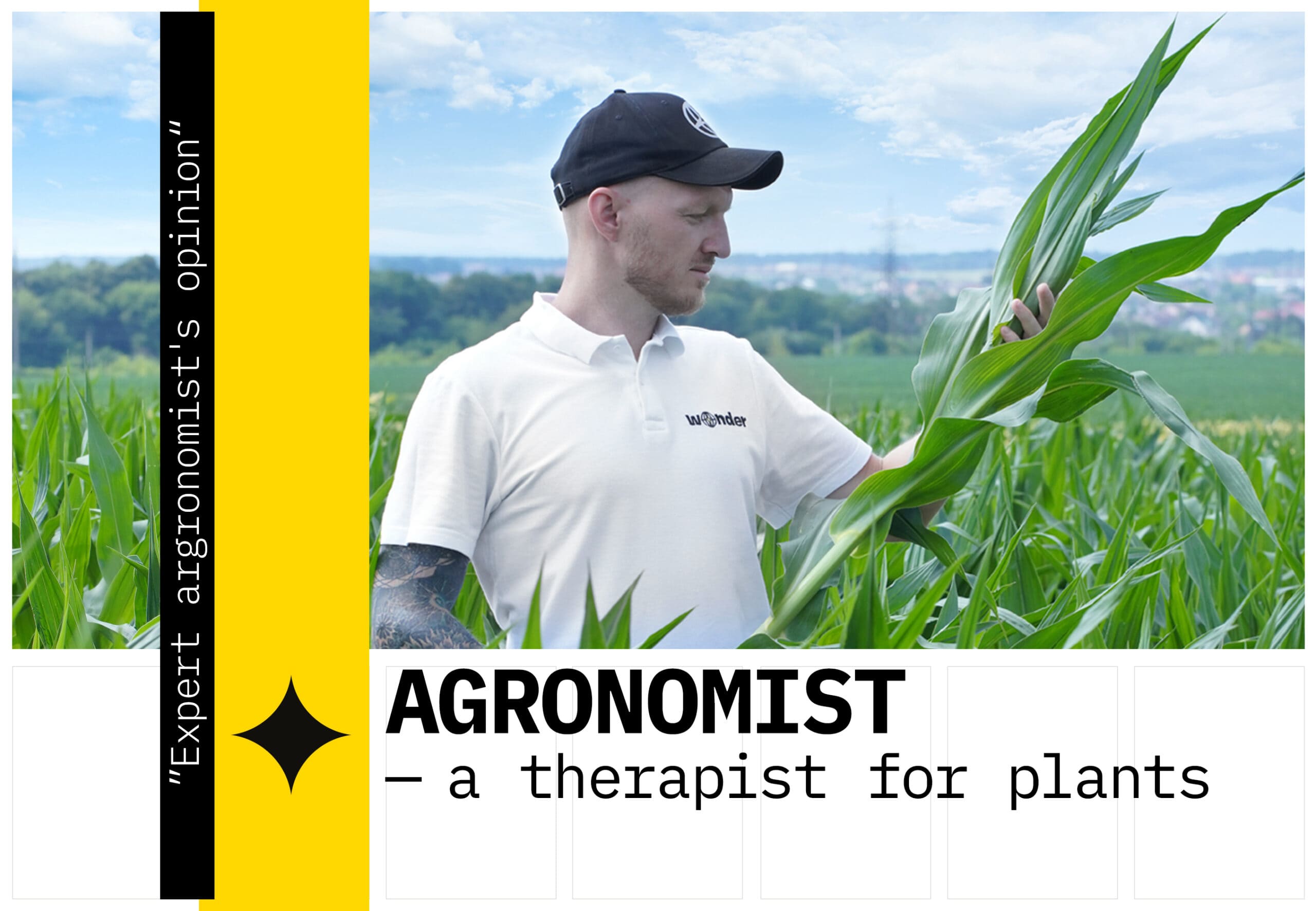 Wonder LLC agronomist in front of a field of corn