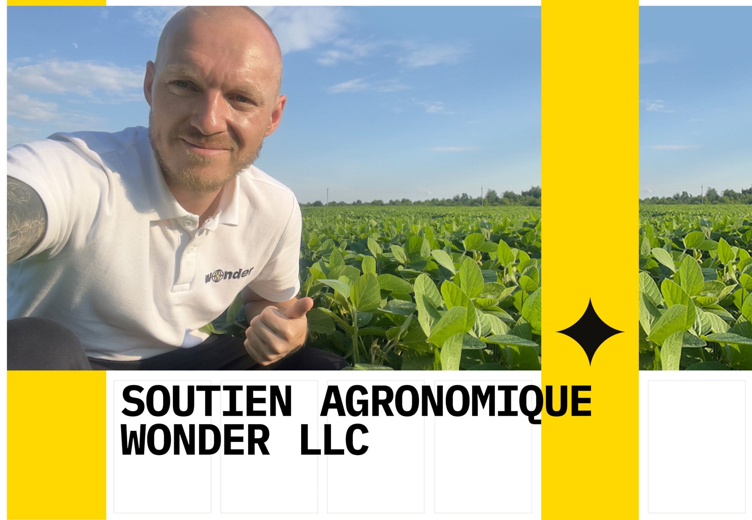 L'agronome de Wonder LLC devant un champ de soja
