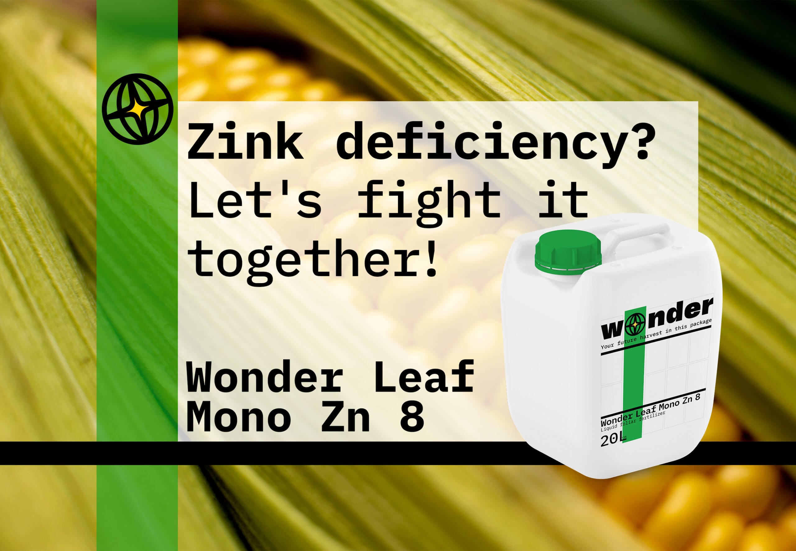 Canister of Wonder Leaf Mono Zn 8 fertilizer on the background of corn