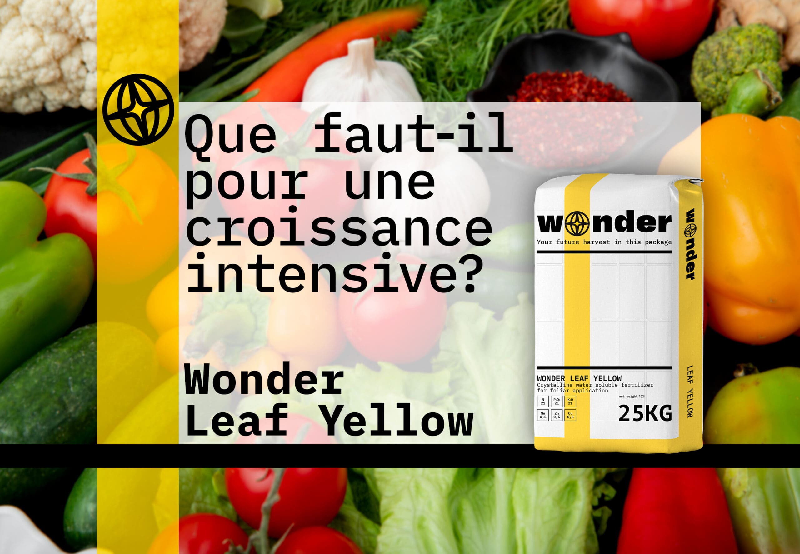 Un sac avec des éléments jaunes contenant de l'engrais Wonder Leaf Yellow est représenté sur fond de légumes.