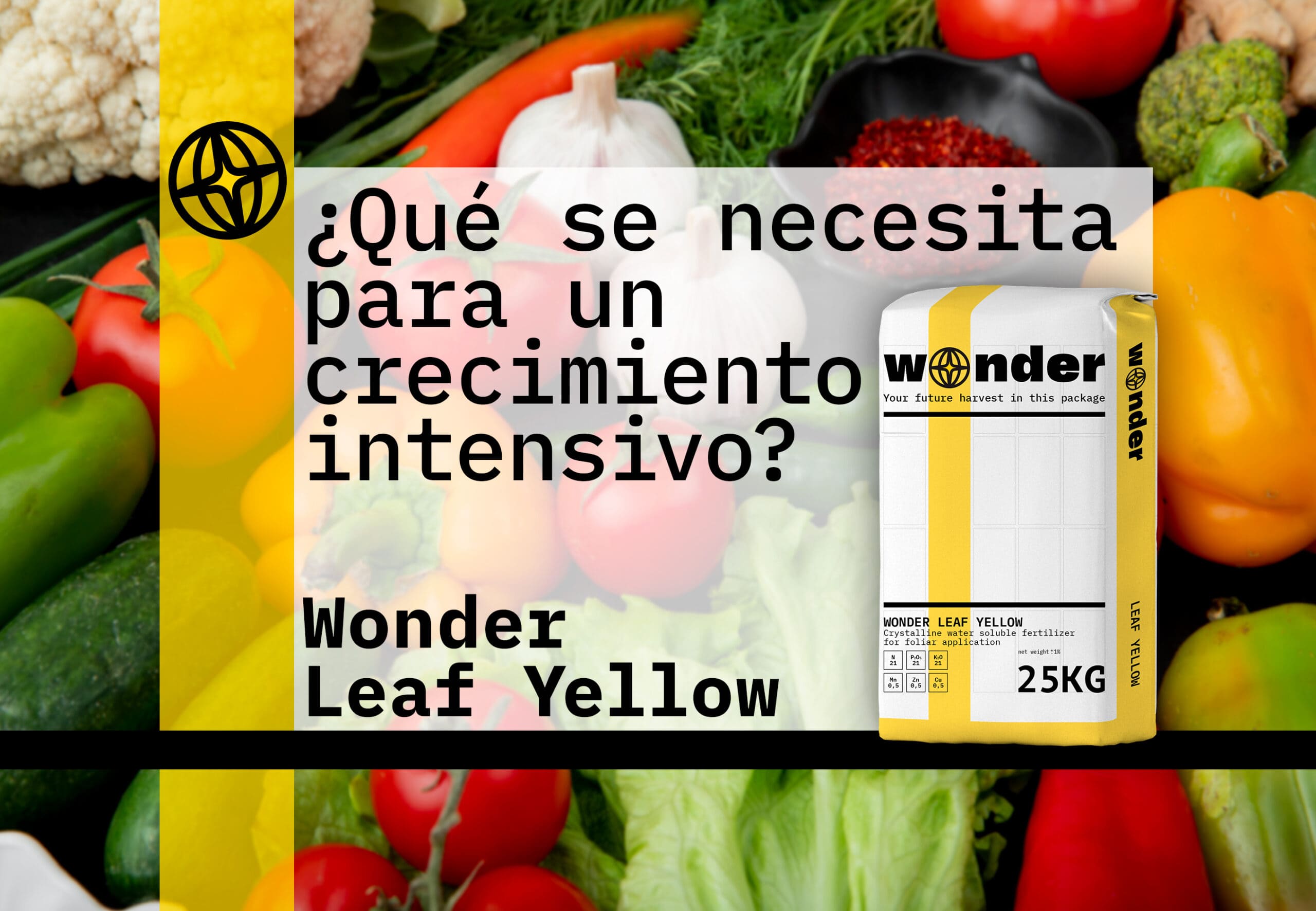 Un saco de abono Wonder Leaf Yellow sobre un fondo de hortalizas