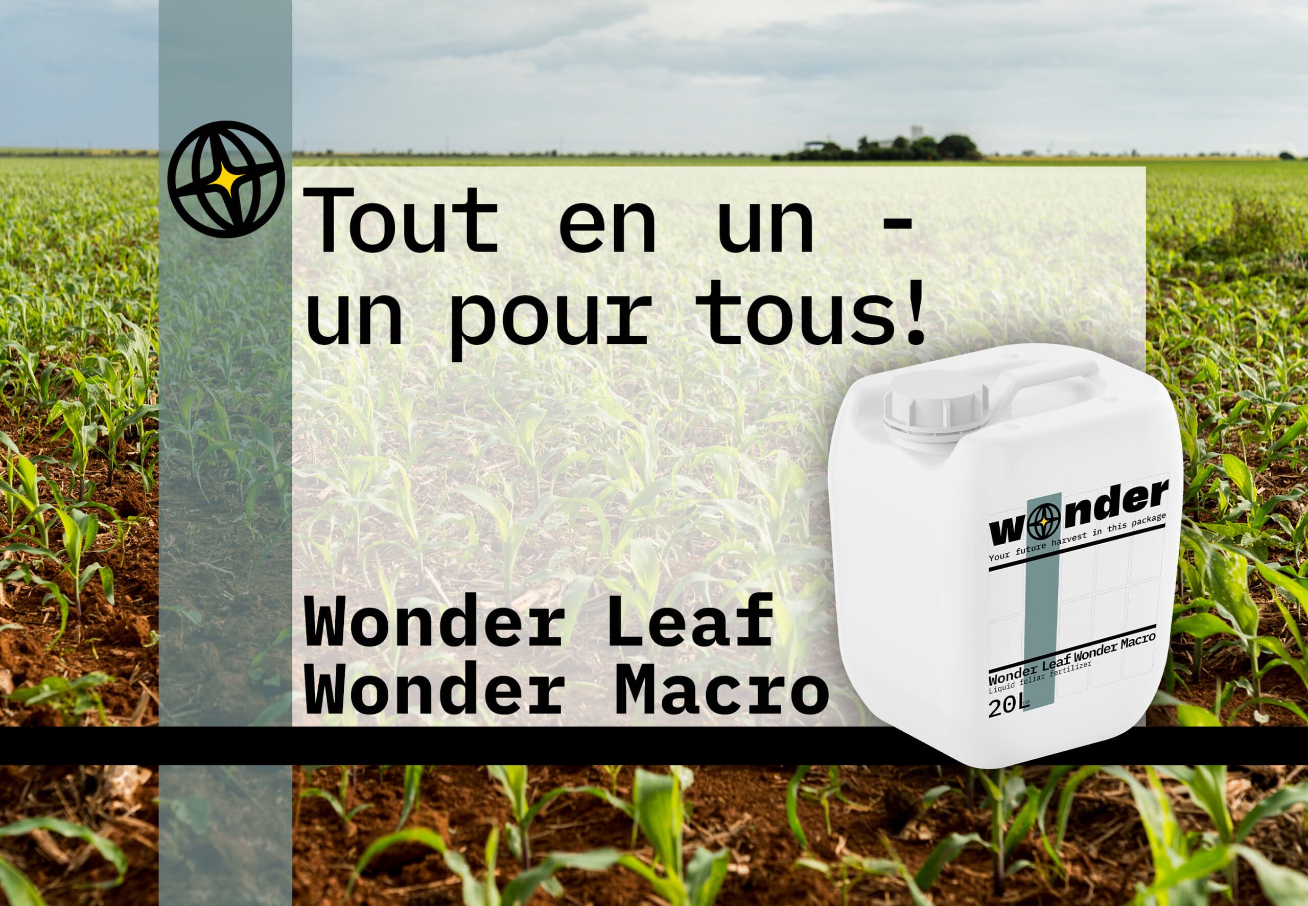 Un bidon d'engrais Wonder Leaf Wonder Macro contre un champ de maïs
