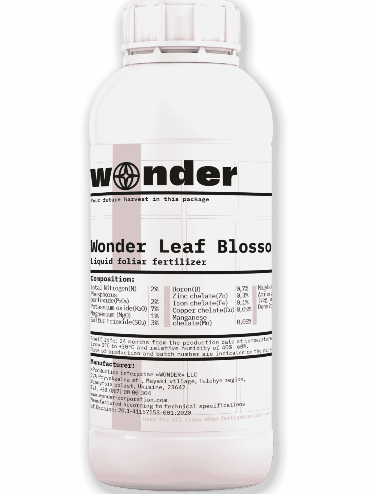 Bidon blanc (1 litre) avec éléments roses contenant l'engrais Wonder Leaf Blossom