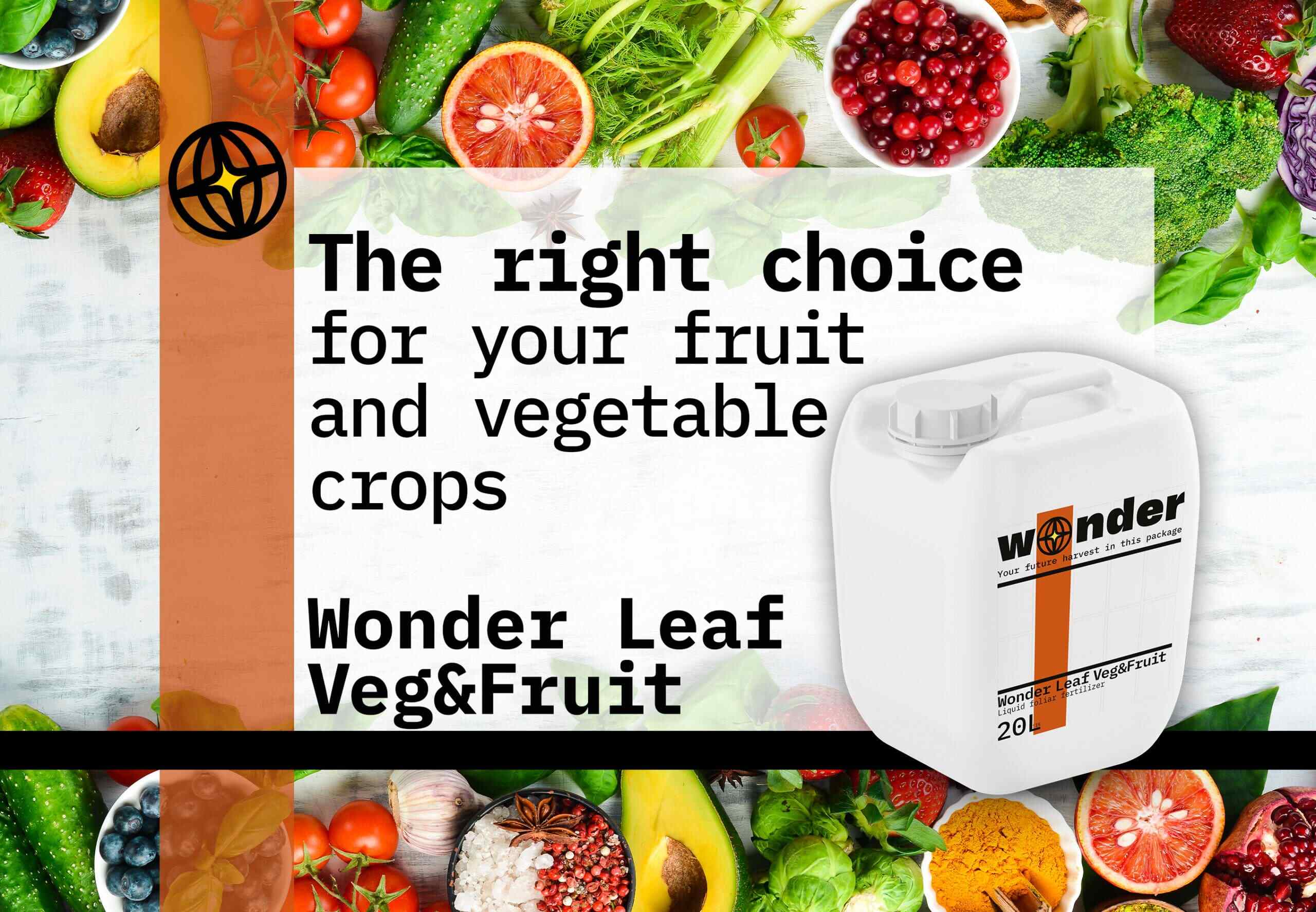 White canister with orange elements with Wonder Leaf Veg&Fruit fertilizer on the background of vegetables and fruits