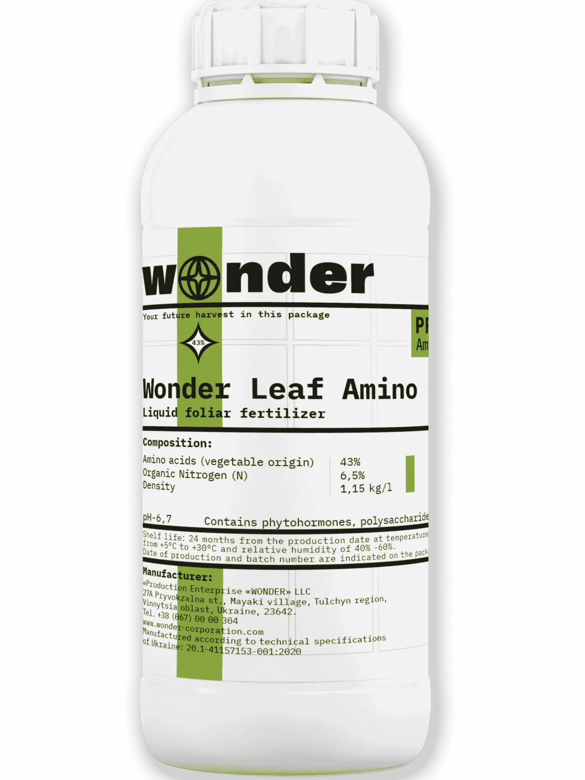 Bote blanco (1 l) con elementos de color verde claro con abono Wonder Leaf Amino 43