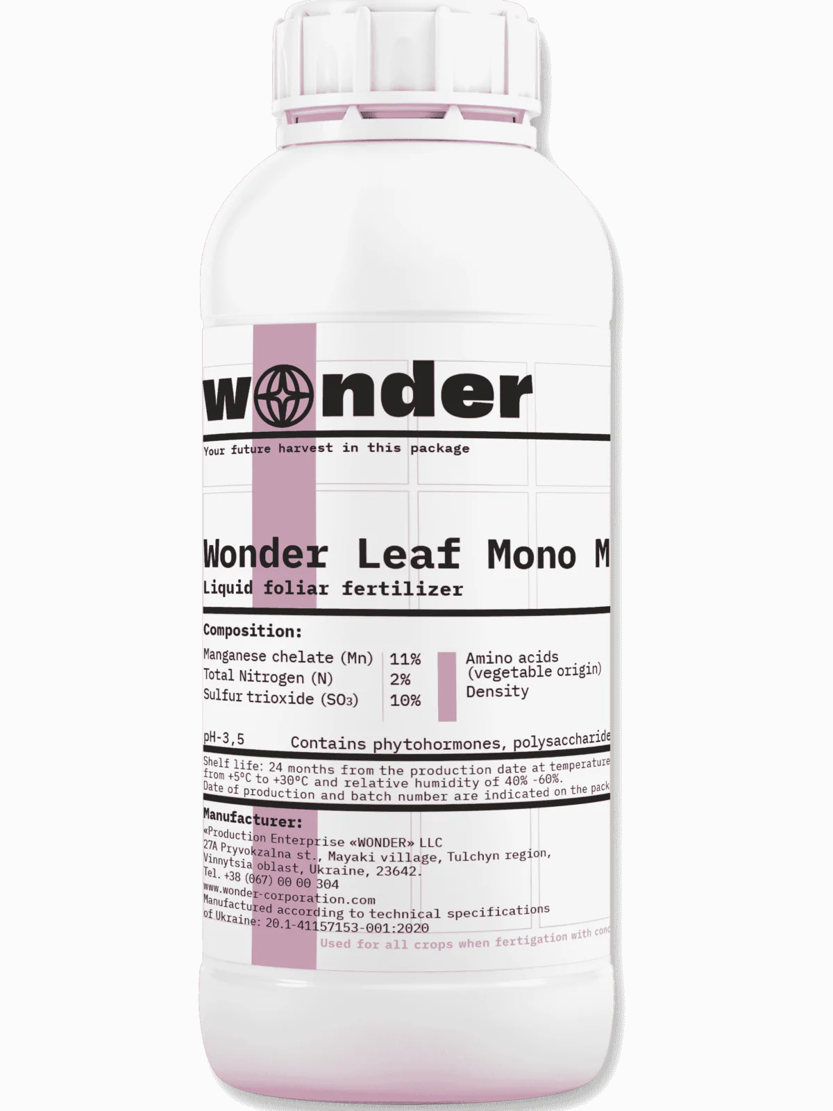 White canister (1 liter) with pink elements with Wonder Leaf Wonder Macro fertilizer
