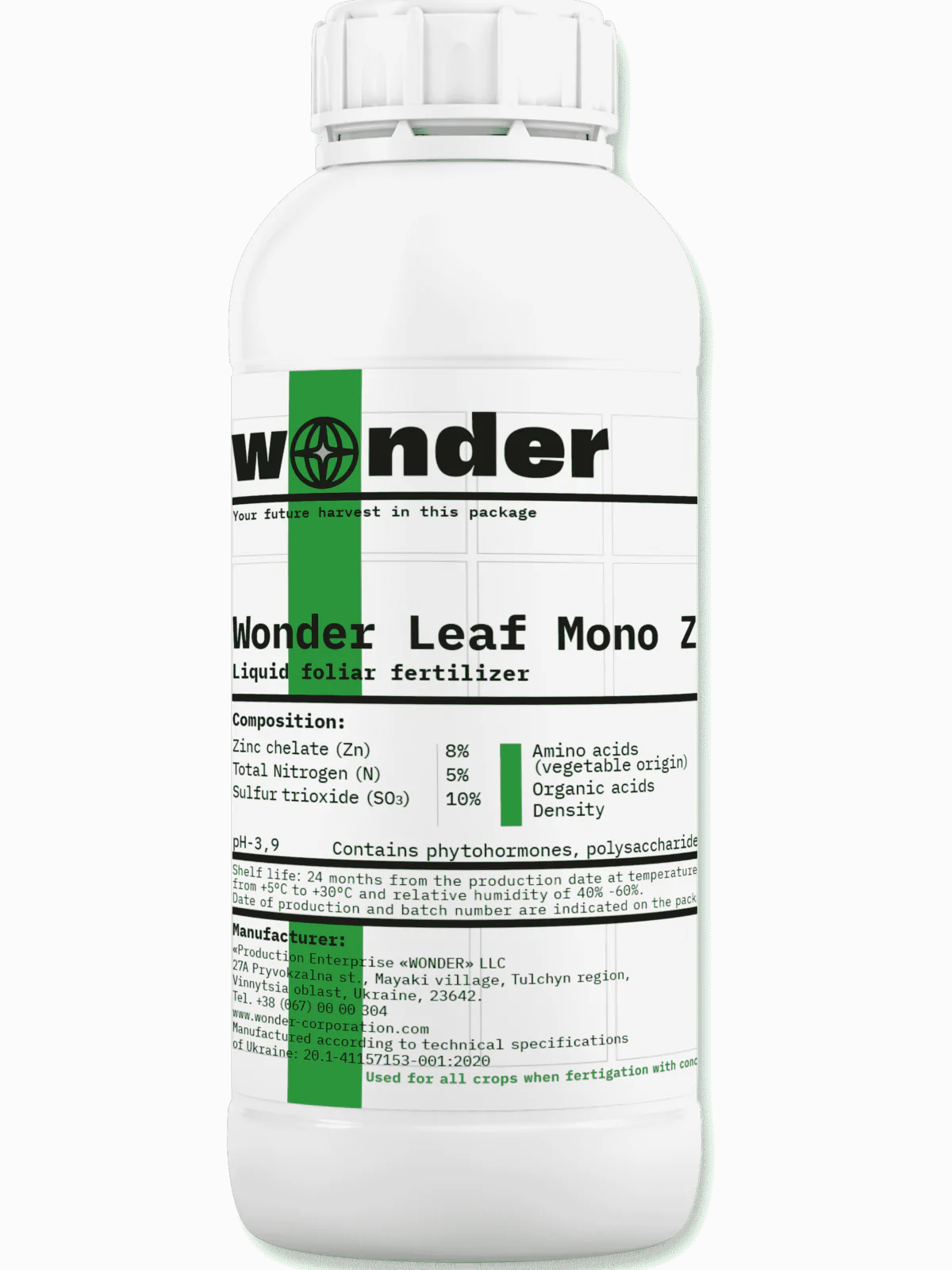 White canister (1 liter) with bright green elements with Wonder Leaf Mono Zn 8 fertilizer