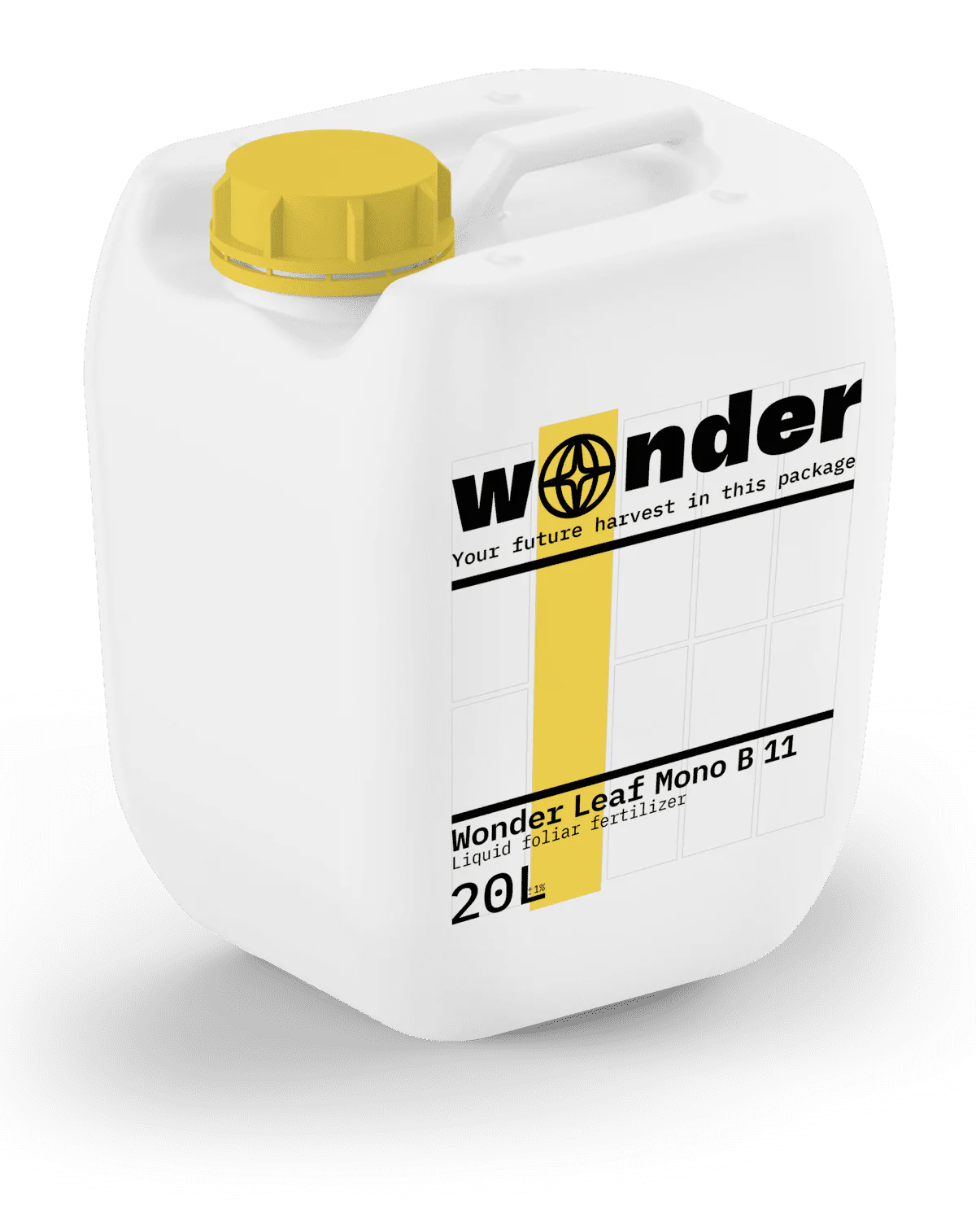 White canister with yellow elements with Wonder Leaf Mono B 11 fertilizer