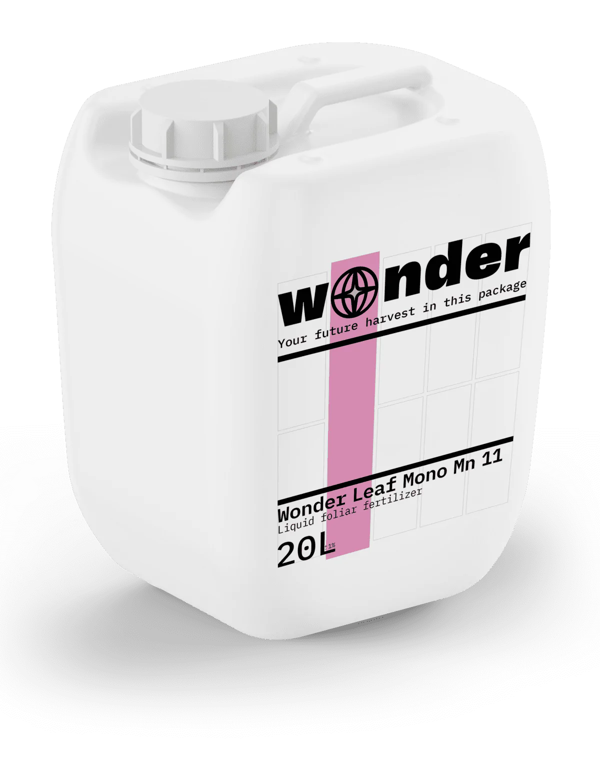White canister with pink elements with Wonder Leaf Mono Mn 11 fertilizer