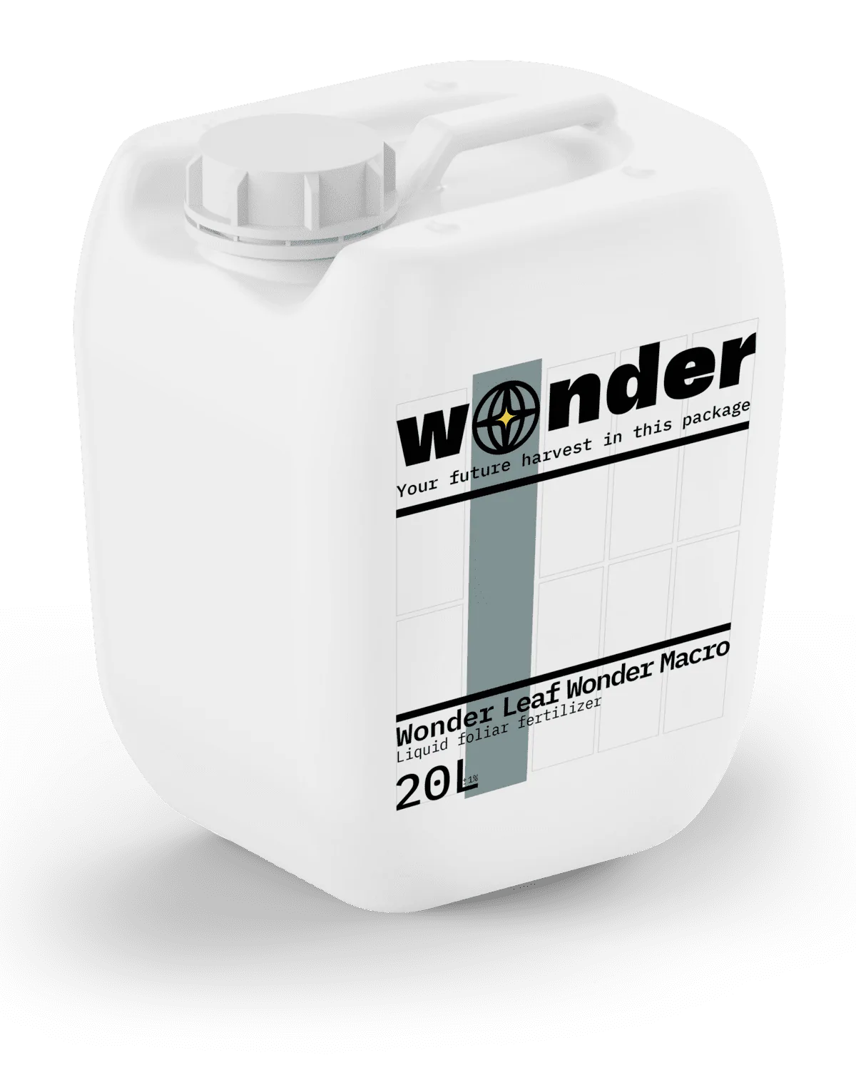 White canister with gray elements with Wonder Leaf Wonder Macro fertilizer