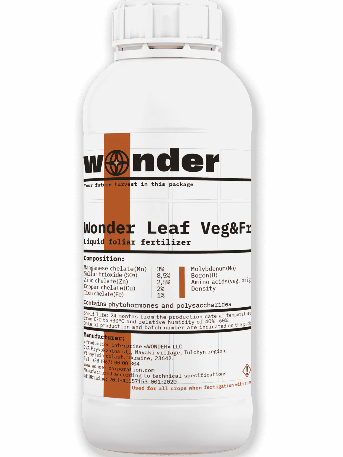 Bidon blanc (1 litre) avec éléments orange contenant l'engrais Wonder Leaf Veg&Fruit